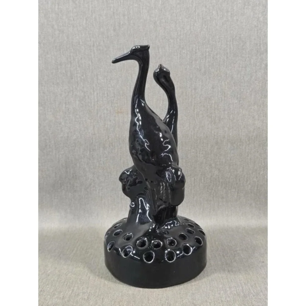 Vintage Camark Cranes Herons Glossy Black Flower Frog Figurine 10